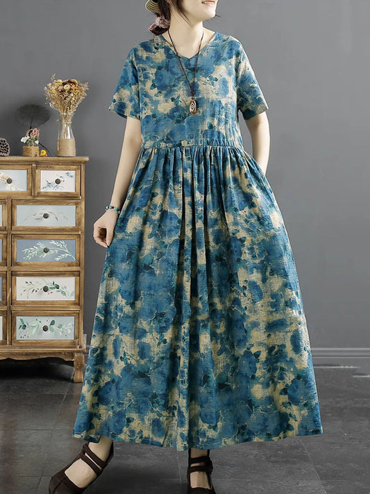 Women Summer Artsy Flower V-Neck Cotton Linen Dress