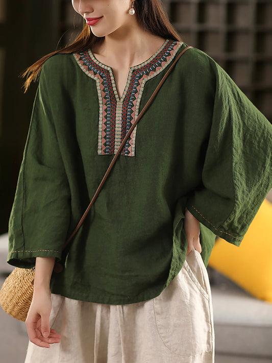 Women Summer Ethnic Embroidery V-Neck 100%Linen Shirt