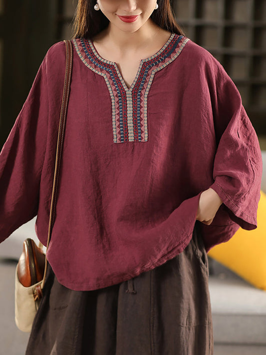 Women Summer Ethnic Embroidery V-Neck 100%Linen Shirt