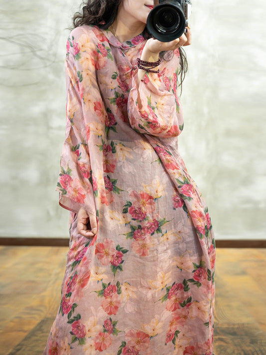 Women Summer Retro Flower Stand Collar Ramie Robe Dress