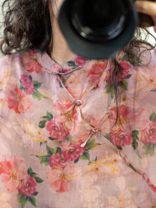 Women Summer Retro Flower Stand Collar Ramie Robe Dress