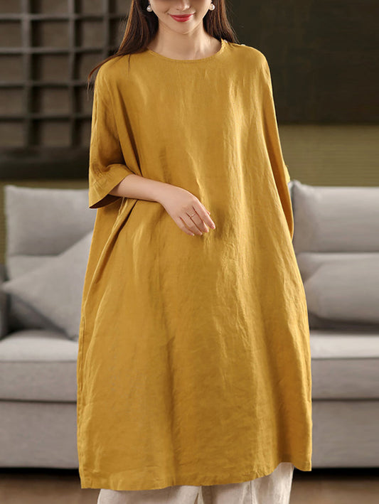 Women Summer Pure Color O-Neck 100%Linen Dress