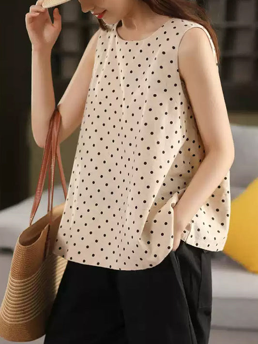 Women Summer Dot O-Neck Cotton Linen Vest