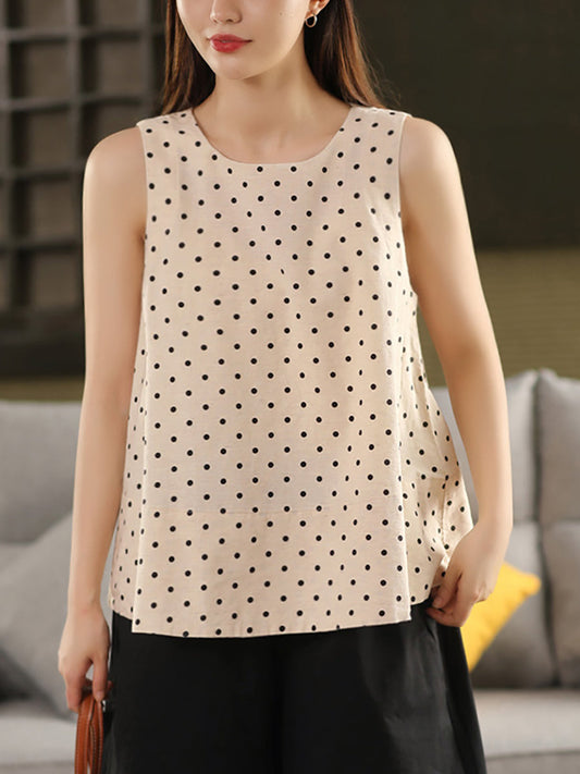 Women Summer Dot O-Neck Cotton Linen Vest