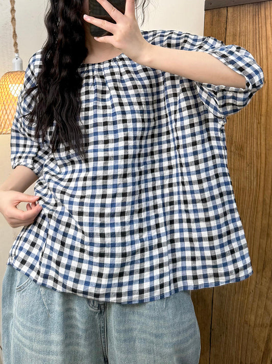 Women Summer Casual Plaid O-Neck Linen Shirt