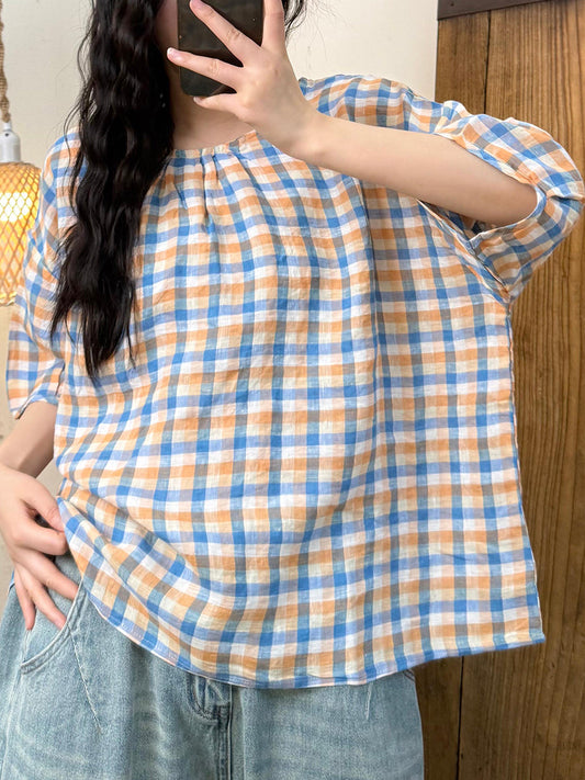 Women Summer Casual Plaid O-Neck Linen Shirt