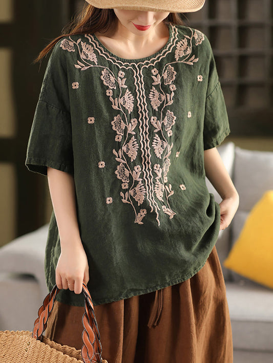 Women Summer Artsy Embroidery O-Neck 100%Linen Shirt