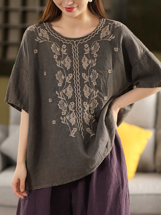 Women Summer Artsy Embroidery O-Neck 100%Linen Shirt