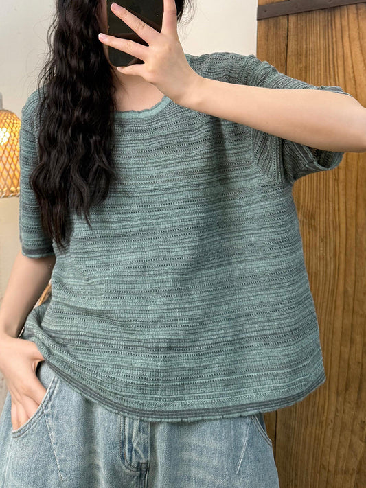 Women Summer Artsy Stripe Knit O-Neck Shirt