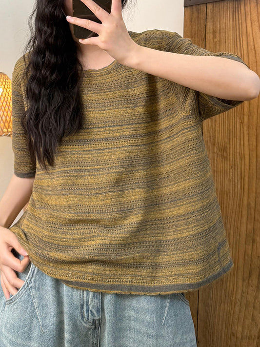 Women Summer Artsy Stripe Knit O-Neck Shirt