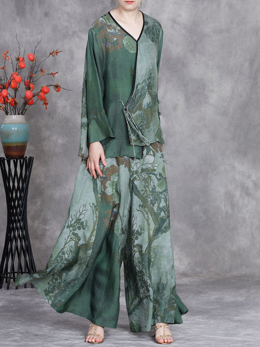 Women Spring Vintage Plant V-Neck Loose Suits