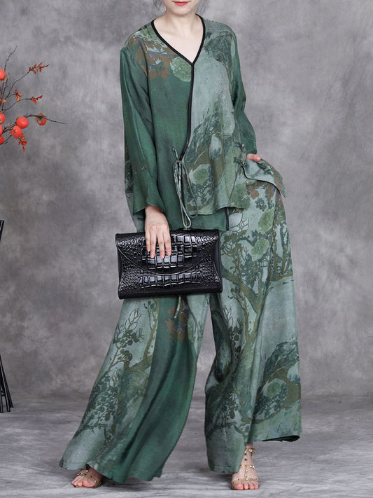 Women Spring Vintage Plant V-Neck Loose Suits