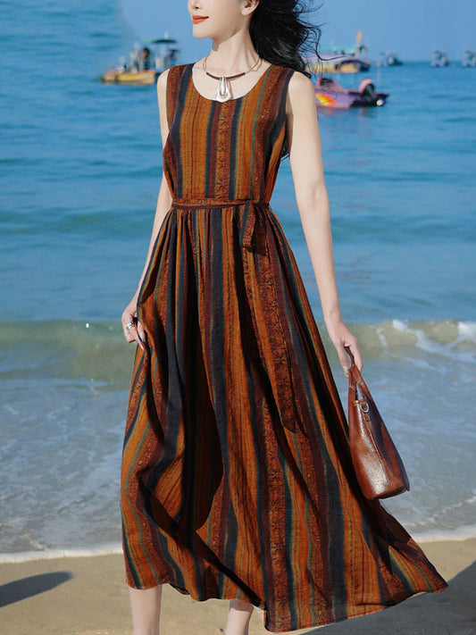 Women Summer Vintage Stripe O-Neck Vest Maxi Dress