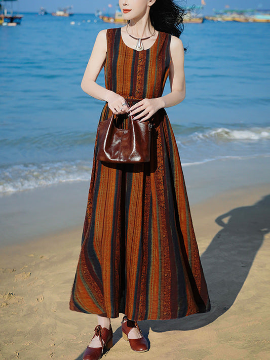 Women Summer Vintage Stripe O-Neck Vest Maxi Dress