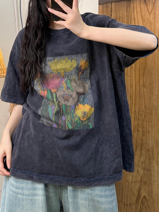 Women Summer Retro Flower O-Neck Cotton Shirt