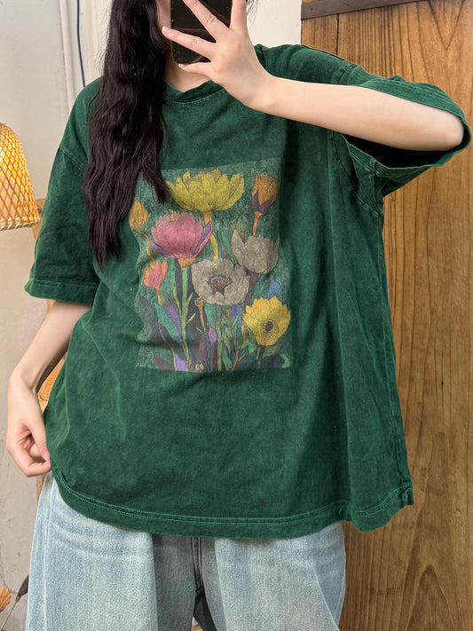 Women Summer Retro Flower O-Neck Cotton Shirt