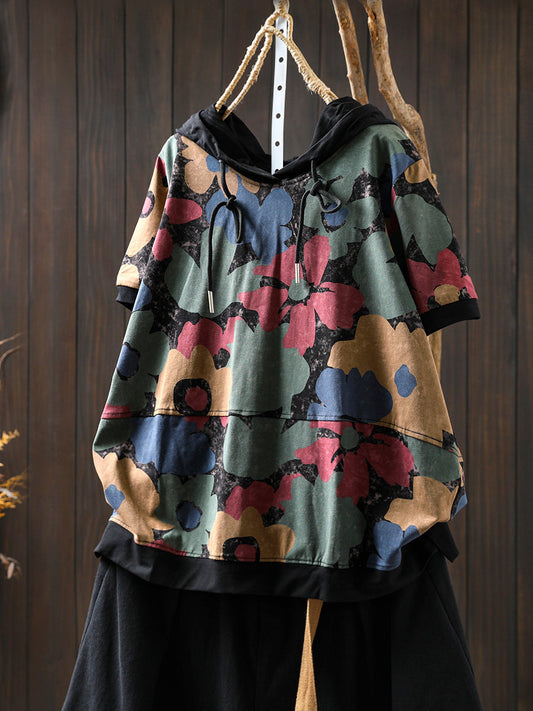 Women Summer Casual Flower Cotton Hooded Shirt