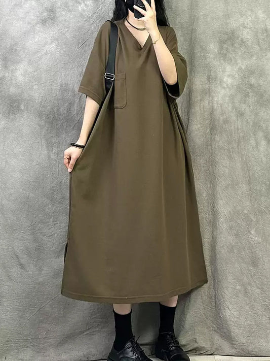 Women Summer Casual Pure Color V-Neck Cotton Dress