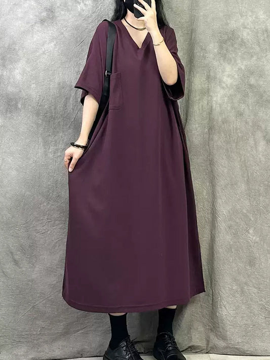 Women Summer Casual Pure Color V-Neck Cotton Dress