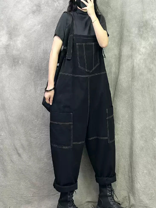 Women Summer Casual Pure Color Cotton Long Jumpsuits