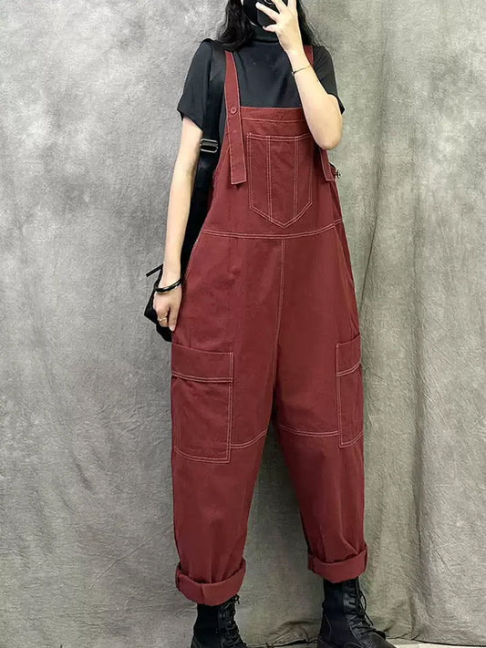 Women Summer Casual Pure Color Cotton Long Jumpsuits