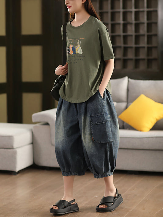 Women Summer Vintage Spliced Denim Harem Pants