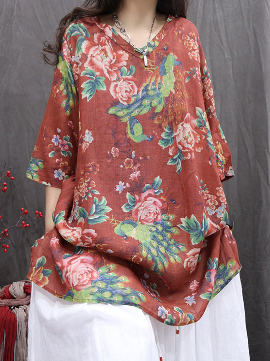 Women Summer Flower V-Neck 100%Ramie Shirt
