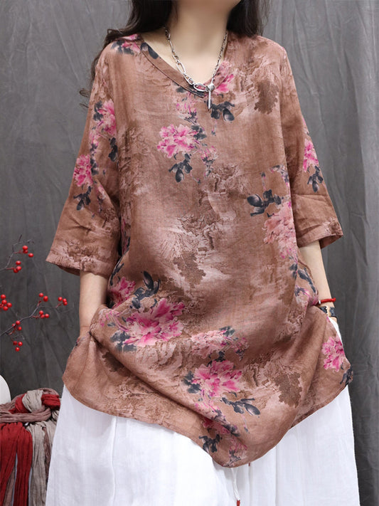 Women Summer Flower V-Neck 100%Ramie Shirt