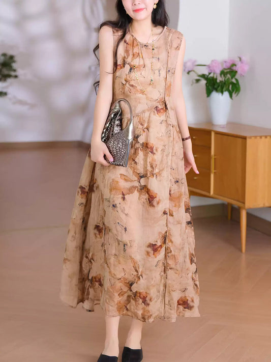 Women Summer Retro O-Neck Flower 100%Ramie Vest Dress