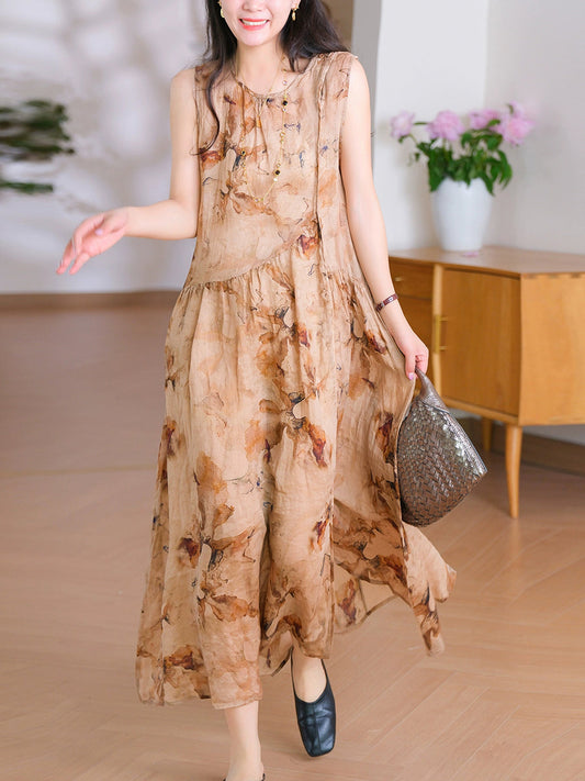 Women Summer Retro O-Neck Flower 100%Ramie Vest Dress