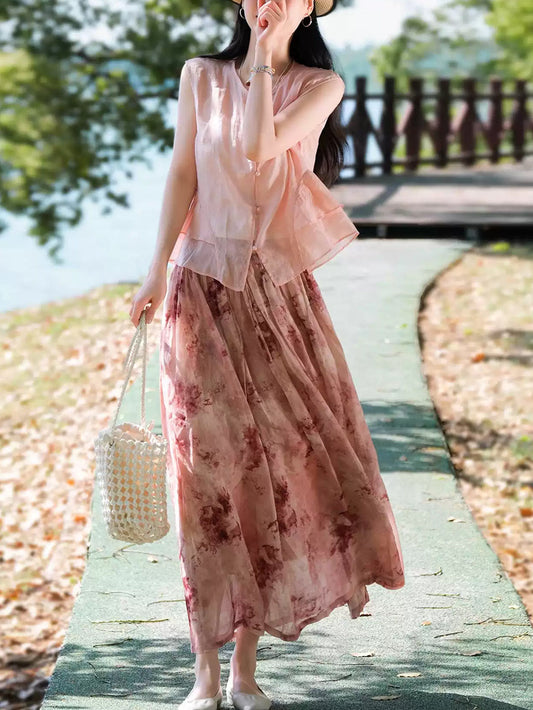 Women Summer Artsy Flower Dual-side 100%Ramie Skirt