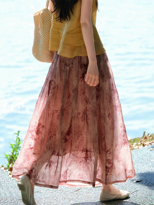 Women Summer Artsy Flower Dual-side 100%Ramie Skirt