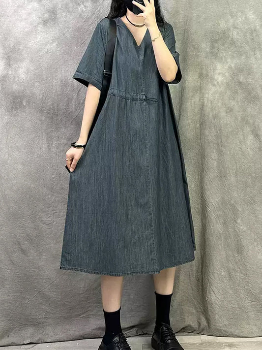 Women Spring Retro Pure Color Denim V-Neck Dress