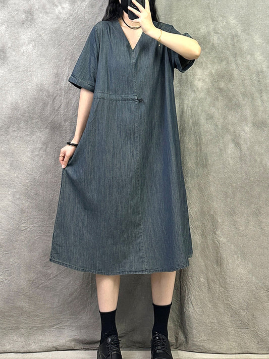 Women Spring Retro Pure Color Denim V-Neck Dress