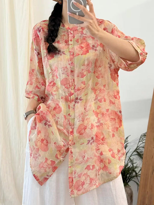 Women Summer Artsy Flower Stand Collar 100%Ramie Shirt