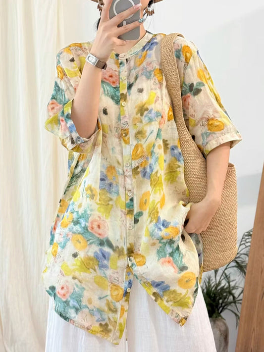 Women Summer Artsy Flower Stand Collar 100%Ramie Shirt