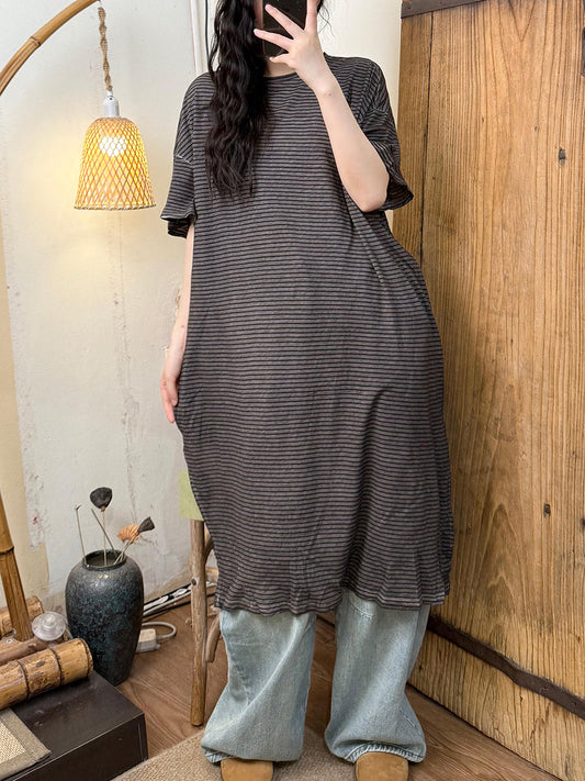 Women Summer Stripe Split Hem O-Neck Dress