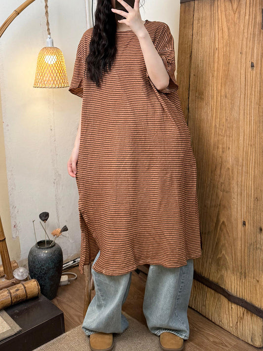 Women Summer Stripe Split Hem O-Neck Dress