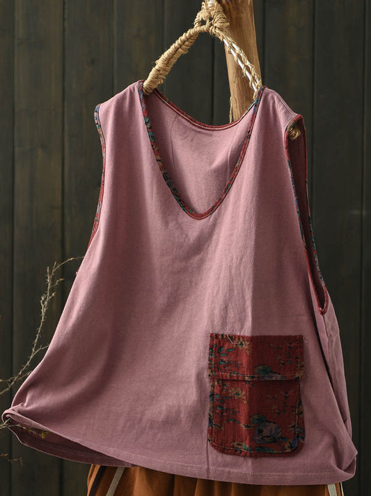 Women Summer Vintage Colorblock V-Neck Cotton Vest