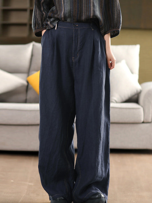 Women Summer Retro Stripe 100%Linen Straight Pants