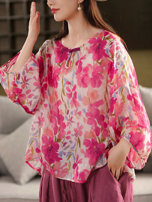 Women Summer Artsy Flower O-Neck 100%Ramie Shirt