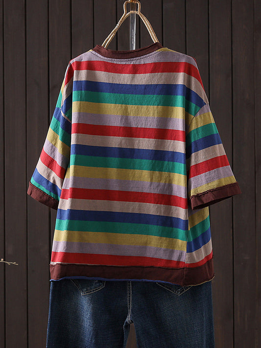 Women Summer Retro Colorful Stripe O-Neck Shirt