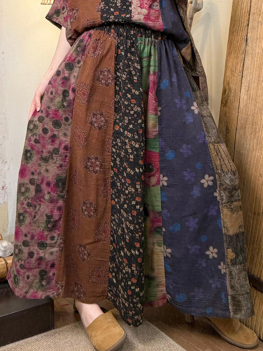 Women Summer Retro Flower Patchwork Cotton Skirt
