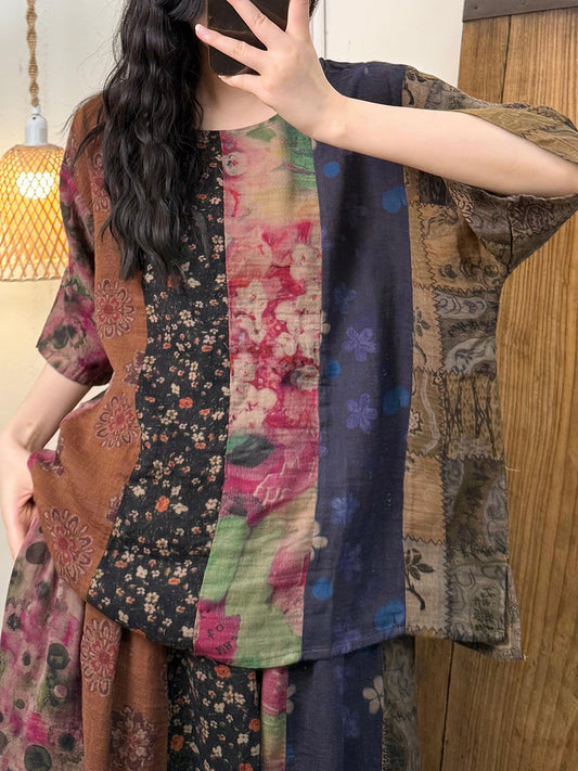 Women Summer Artsy Flower Spliced O-Neck Cotton Shirt
