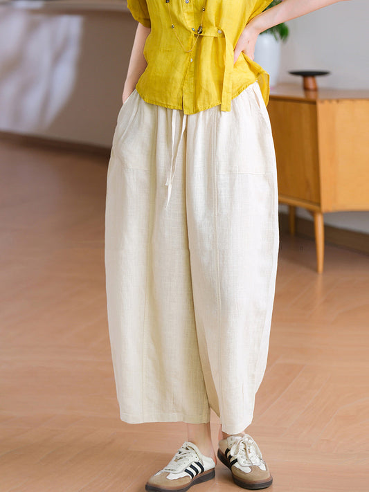 Women Summer Casual Pure Color Ramie Wide-leg Pants