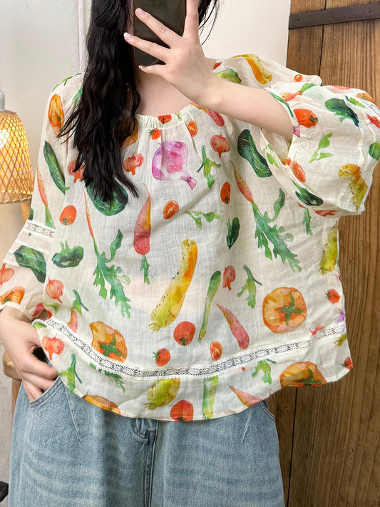 Women Summer Vintage Flower O-Neck Ramie Shirt