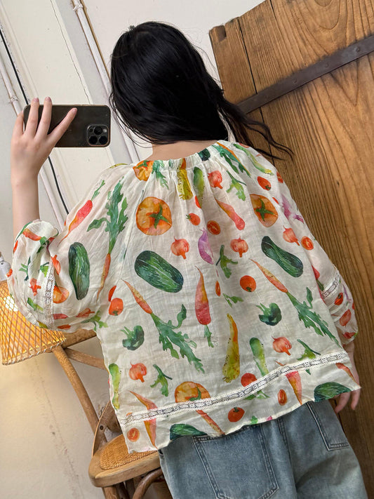 Women Summer Vintage Flower O-Neck Ramie Shirt