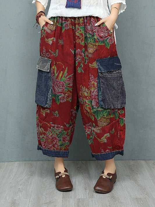 Women Summer Retro Flower Patchwork Harem Pants