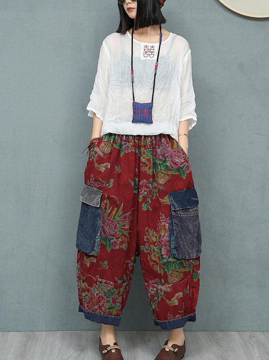 Women Summer Retro Flower Patchwork Harem Pants