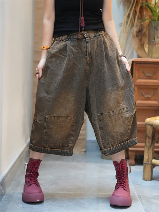 Women Worn Denim Wide-leg Cropped Pants